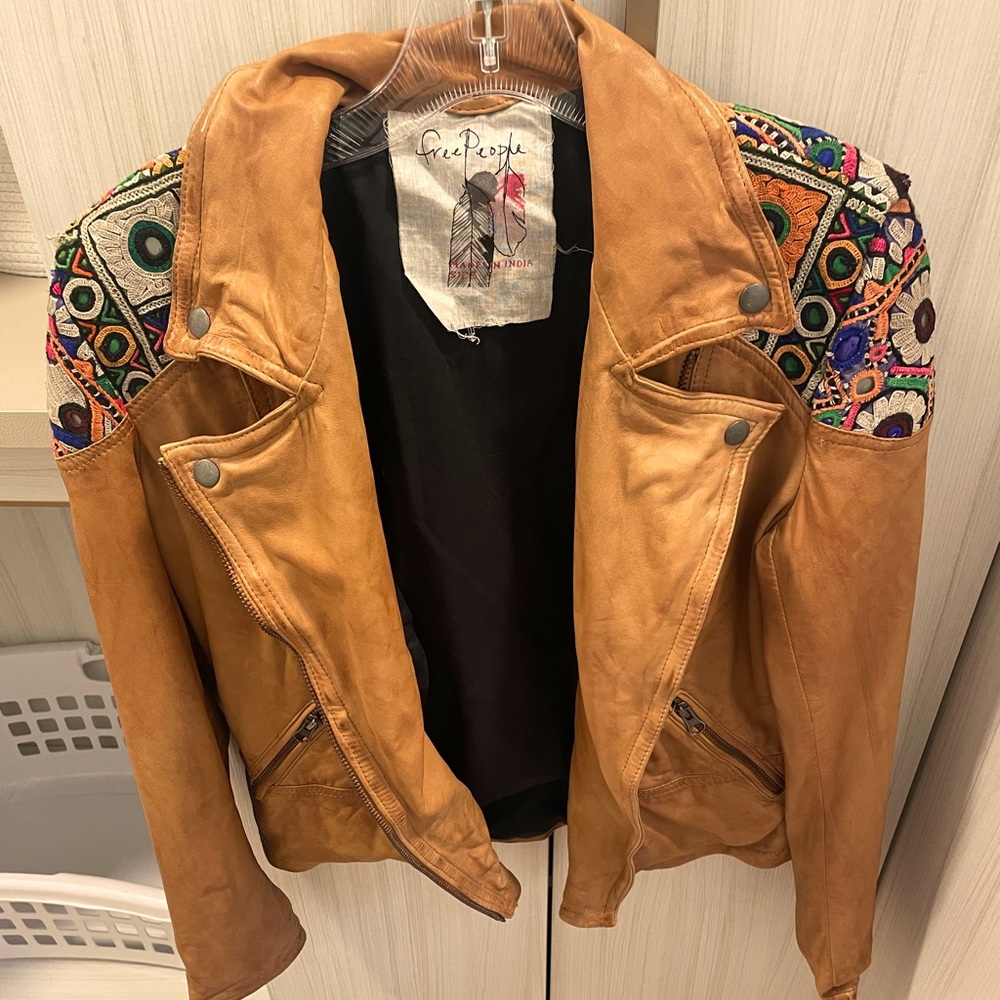 Free People Embellished Classic Leather Biker Jacket